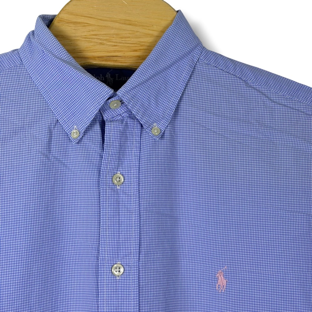 Vintage Ralph Lauren Yarmouth Button Down Shirt Men 16.5 Large Blue Gingham Pony